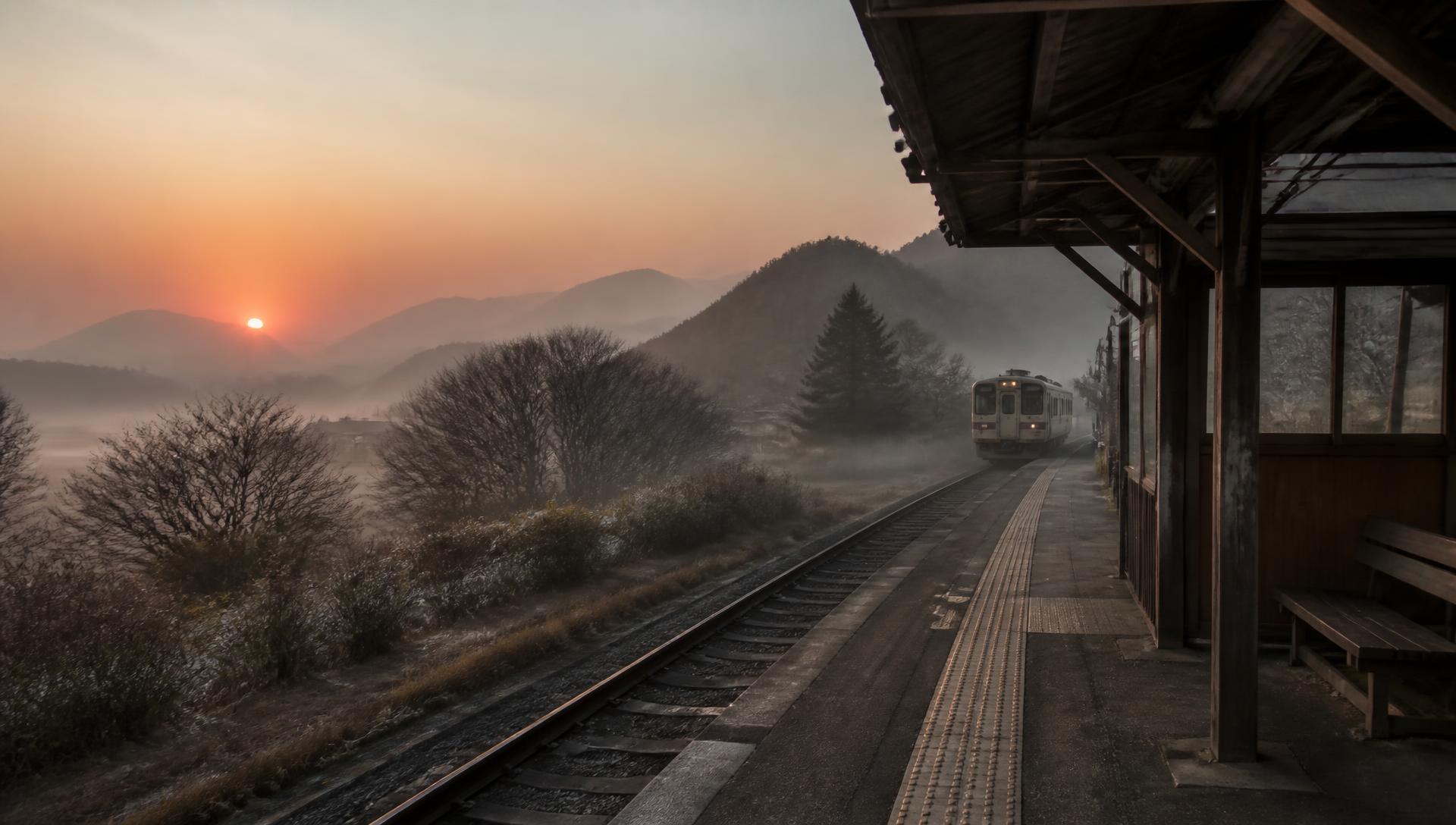 Rural Japanese railway station at dawn with mist over the mountains